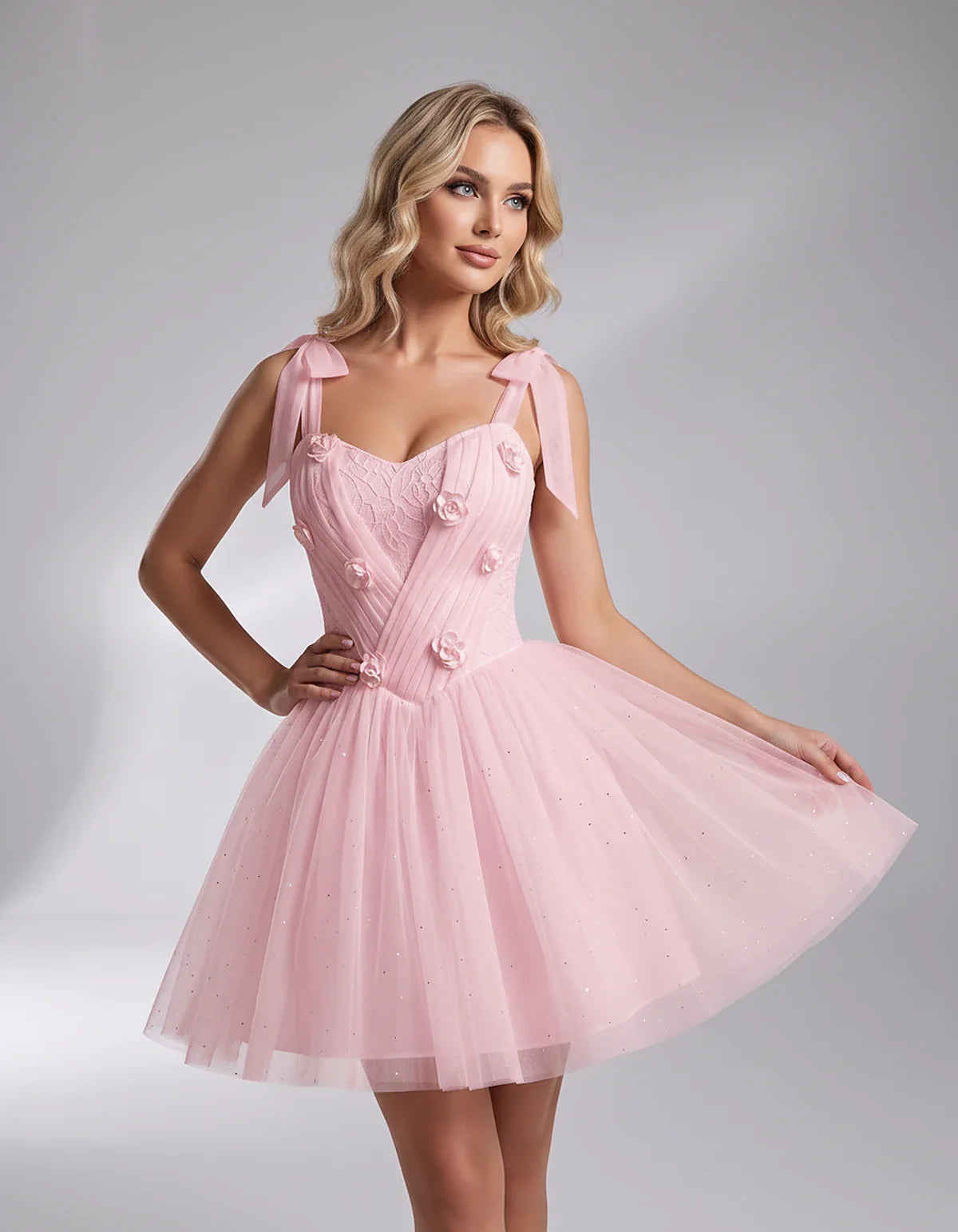 Glitter Tulle Sleeveless Sweetheart A-Line Mini Dress with 3D Floral Details for Party, Cocktail, Evening, Summer & Wedding G | SKU: RMD-483920615847351-PINK-L,RMD-483920615847351-PINK-M,RMD-483920615847351-PINK-S,RMD-483920615847351-PINK-XL,RMD-483920615847351-PINK-XS