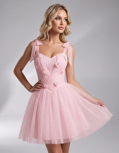 Glitter Tulle Sleeveless Sweetheart A-Line Mini Dress with 3D Floral Details for Party, Cocktail, Evening, Summer & Wedding G | SKU: RMD-483920615847351-PINK-L,RMD-483920615847351-PINK-M,RMD-483920615847351-PINK-S,RMD-483920615847351-PINK-XL,RMD-483920615847351-PINK-XS