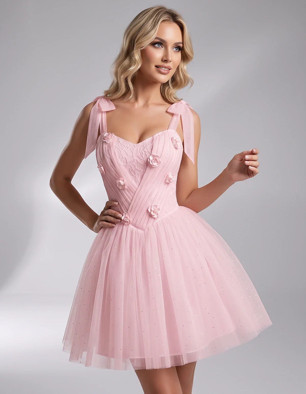 Glitter Tulle Sleeveless Sweetheart A-Line Mini Dress with 3D Floral Details for Party, Cocktail, Evening, Summer & Wedding G | SKU: RMD-483920615847351-PINK-L,RMD-483920615847351-PINK-M,RMD-483920615847351-PINK-S,RMD-483920615847351-PINK-XL,RMD-483920615847351-PINK-XS