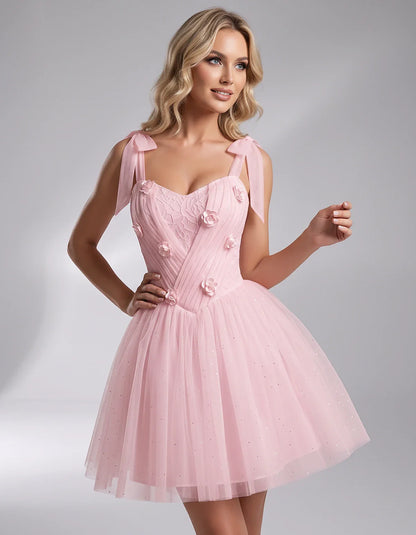 Glitter Tulle Sleeveless Sweetheart A-Line Mini Dress with 3D Floral Details for Party, Cocktail, Evening, Summer & Wedding G | SKU: RMD-483920615847351-PINK-L,RMD-483920615847351-PINK-M,RMD-483920615847351-PINK-S,RMD-483920615847351-PINK-XL,RMD-483920615847351-PINK-XS