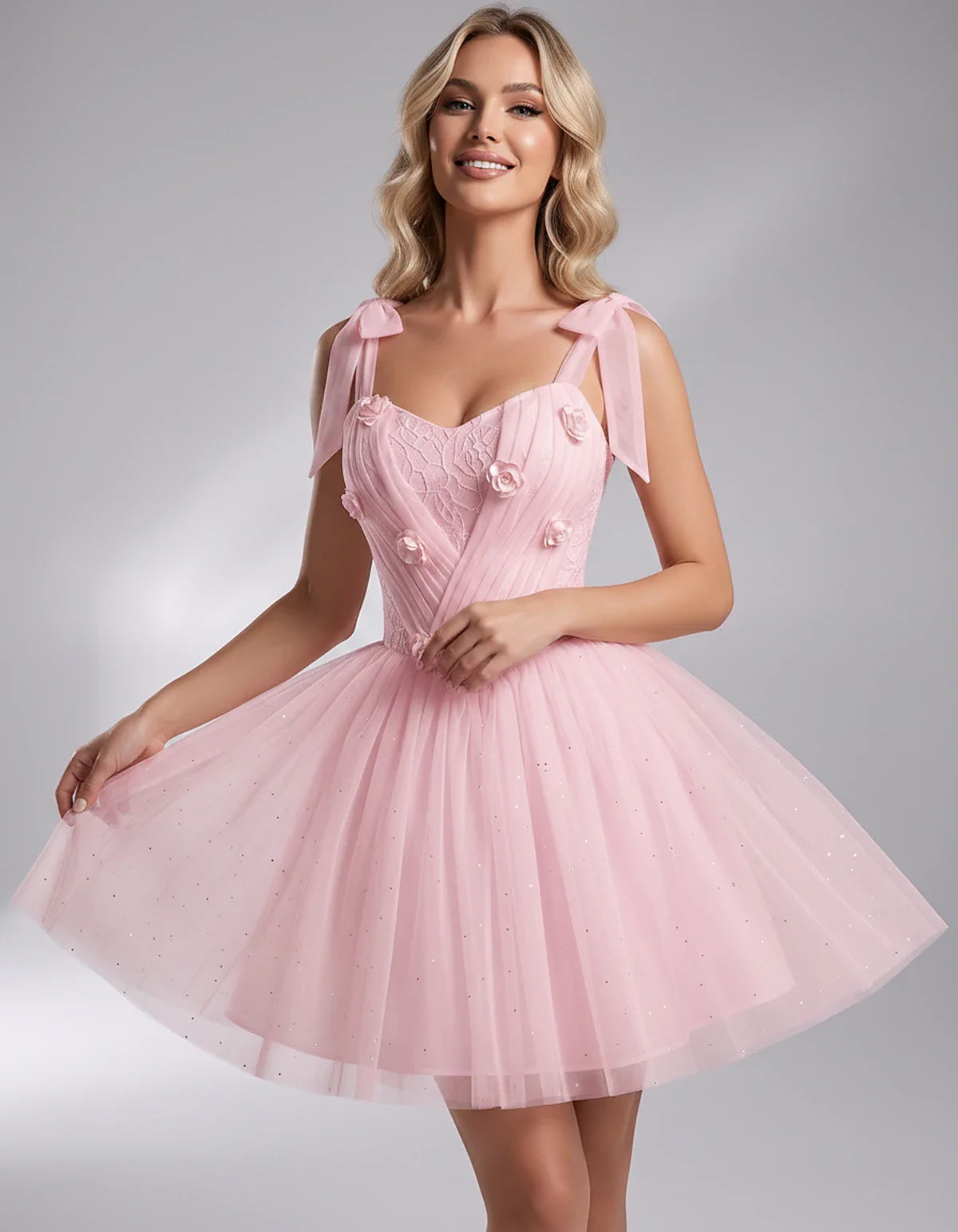 Glitter Tulle Sleeveless Sweetheart A-Line Mini Dress with 3D Floral Details for Party, Cocktail, Evening, Summer & Wedding G | SKU: RMD-483920615847351-PINK-L,RMD-483920615847351-PINK-M,RMD-483920615847351-PINK-S,RMD-483920615847351-PINK-XL,RMD-483920615847351-PINK-XS