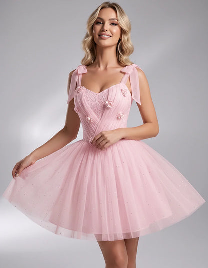 Glitter Tulle Sleeveless Sweetheart A-Line Mini Dress with 3D Floral Details for Party, Cocktail, Evening, Summer & Wedding G | SKU: RMD-483920615847351-PINK-L,RMD-483920615847351-PINK-M,RMD-483920615847351-PINK-S,RMD-483920615847351-PINK-XL,RMD-483920615847351-PINK-XS