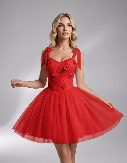 Glitter Tulle Sleeveless Sweetheart A-Line Mini Dress with 3D Floral Details for Party, Cocktail, Evening, Summer & Wedding G | SKU: RMD-483920615847351-RED-L,RMD-483920615847351-RED-M,RMD-483920615847351-RED-S,RMD-483920615847351-RED-XL,RMD-483920615847351-RED-XS