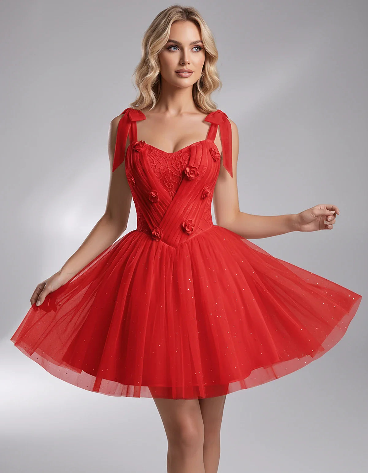 Glitter Tulle Sleeveless Sweetheart A-Line Mini Dress with 3D Floral Details for Party, Cocktail, Evening, Summer & Wedding G | SKU: RMD-483920615847351-RED-L,RMD-483920615847351-RED-M,RMD-483920615847351-RED-S,RMD-483920615847351-RED-XL,RMD-483920615847351-RED-XS