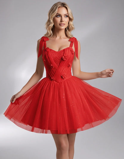 Glitter Tulle Sleeveless Sweetheart A-Line Mini Dress with 3D Floral Details for Party, Cocktail, Evening, Summer & Wedding G | SKU: RMD-483920615847351-RED-L,RMD-483920615847351-RED-M,RMD-483920615847351-RED-S,RMD-483920615847351-RED-XL,RMD-483920615847351-RED-XS