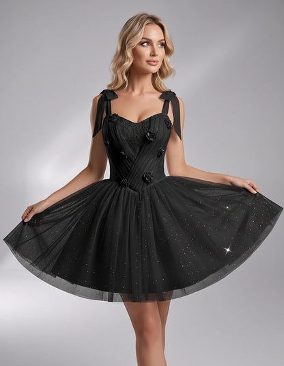 Glitter Tulle Sleeveless Sweetheart A-Line Mini Dress with 3D Floral Details for Party, Cocktail, Evening, Summer & Wedding G | SKU: RMD-483920615847351-BLACK-L,RMD-483920615847351-BLACK-M,RMD-483920615847351-BLACK-S,RMD-483920615847351-BLACK-XL,RMD-483920615847351-BLACK-XS