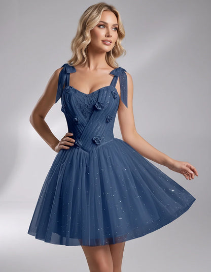 Glitter Tulle Sleeveless Sweetheart A-Line Mini Dress with 3D Floral Details for Party, Cocktail, Evening, Summer & Wedding G | SKU: RMD-483920615847351-NAVY-L,RMD-483920615847351-NAVY-M,RMD-483920615847351-NAVY-S,RMD-483920615847351-NAVY-XL,RMD-483920615847351-NAVY-XS