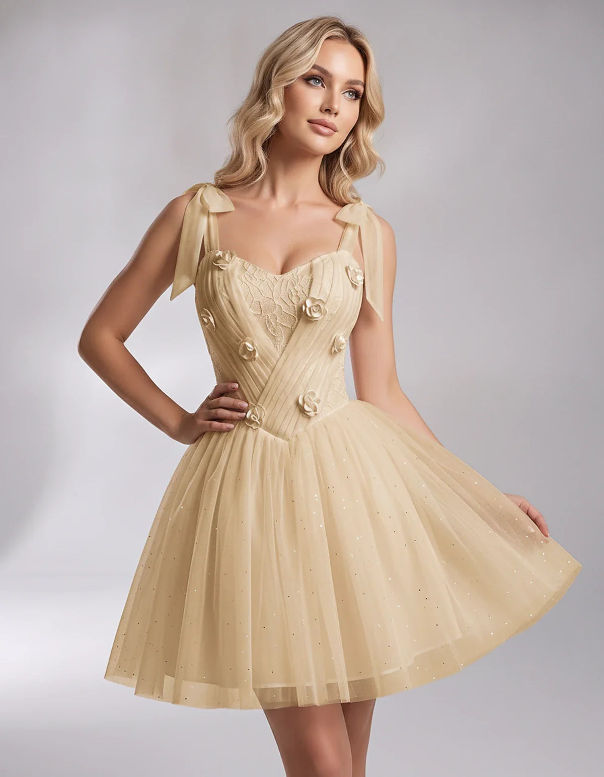 Glitter Tulle Sleeveless Sweetheart A-Line Mini Dress with 3D Floral Details for Party, Cocktail, Evening, Summer & Wedding G | SKU: RMD-483920615847351-CHAMPAGNE-L,RMD-483920615847351-CHAMPAGNE-M,RMD-483920615847351-CHAMPAGNE-S,RMD-483920615847351-CHAMPAGNE-XL,RMD-483920615847351-CHAMPAGNE-XS