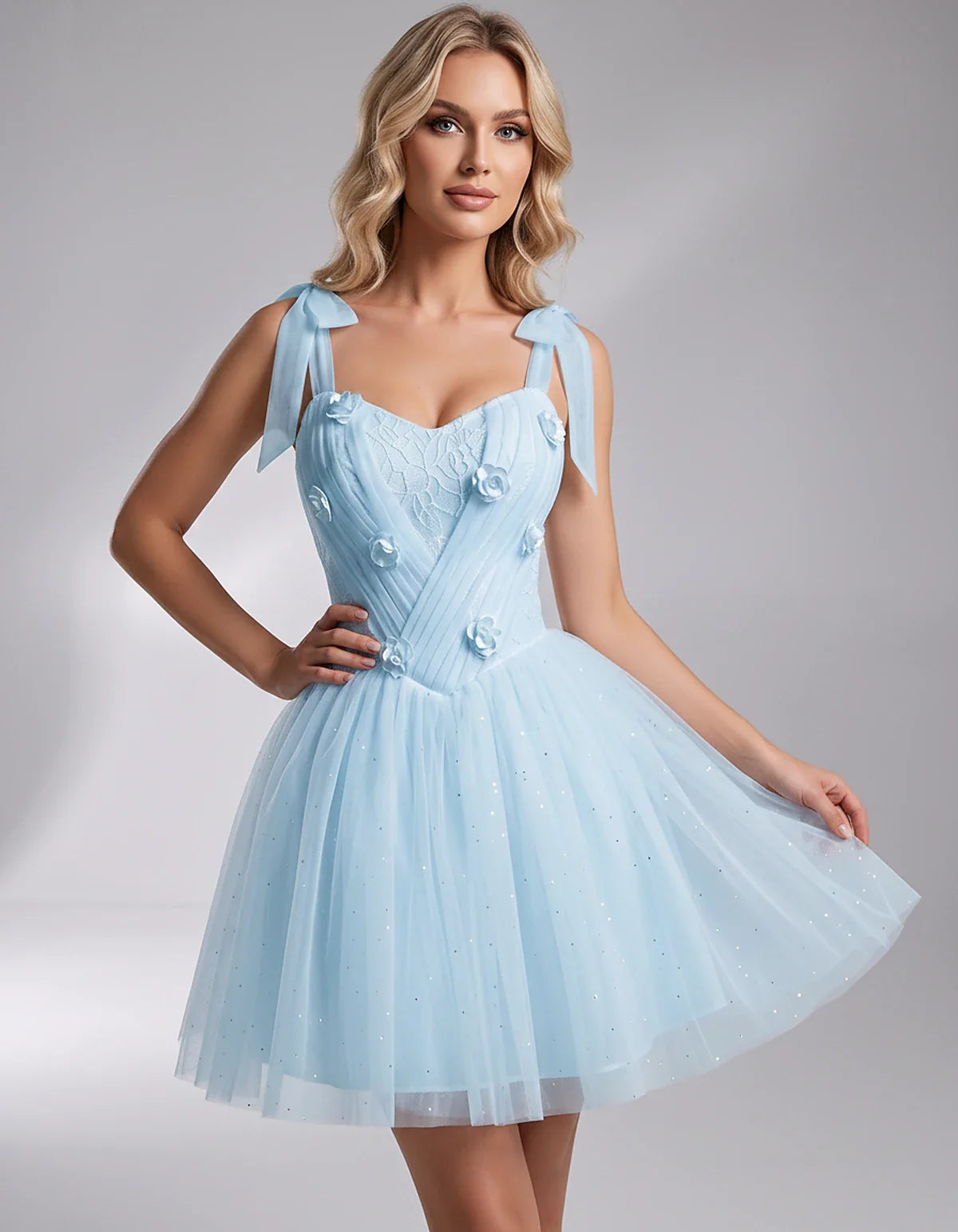 Glitter Tulle Sleeveless Sweetheart A-Line Mini Dress with 3D Floral Details for Party, Cocktail, Evening, Summer & Wedding G | SKU: RMD-483920615847351-LIGHTBLUE-L,RMD-483920615847351-LIGHTBLUE-M,RMD-483920615847351-LIGHTBLUE-S,RMD-483920615847351-LIGHTBLUE-XL,RMD-483920615847351-LIGHTBLUE-XS