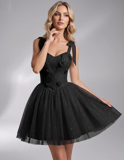 Glitter Tulle Sleeveless Sweetheart A-Line Mini Dress with 3D Floral Details for Party, Cocktail, Evening, Summer & Wedding G | SKU: RMD-483920615847351-BLACK-L,RMD-483920615847351-BLACK-M,RMD-483920615847351-BLACK-S,RMD-483920615847351-BLACK-XL,RMD-483920615847351-BLACK-XS