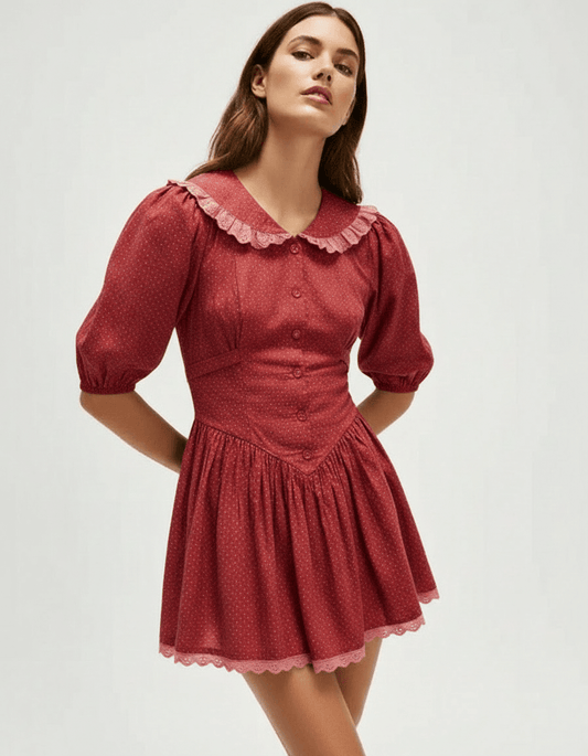 Rosette Mini Dress with Peter Pan collar and puff sleeves by RAMBLION, showcasing vintage-inspired elegance.