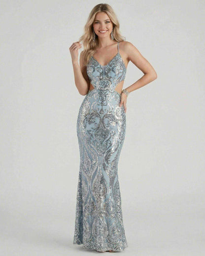 Rysa Maxi Dress in blue with sequin overlay, V Neck, perfect for elegant occasions by RAMBLION.