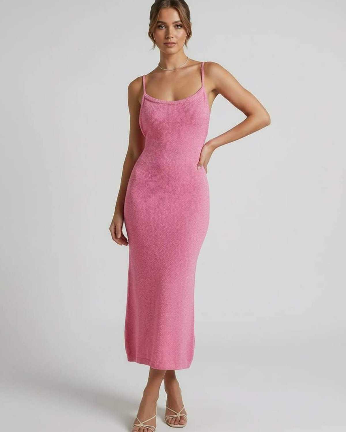 Safi Midi Dress, pink midi-length dress by RAMBLION, featuring soft texture and elegant style, perfect for any occasion.