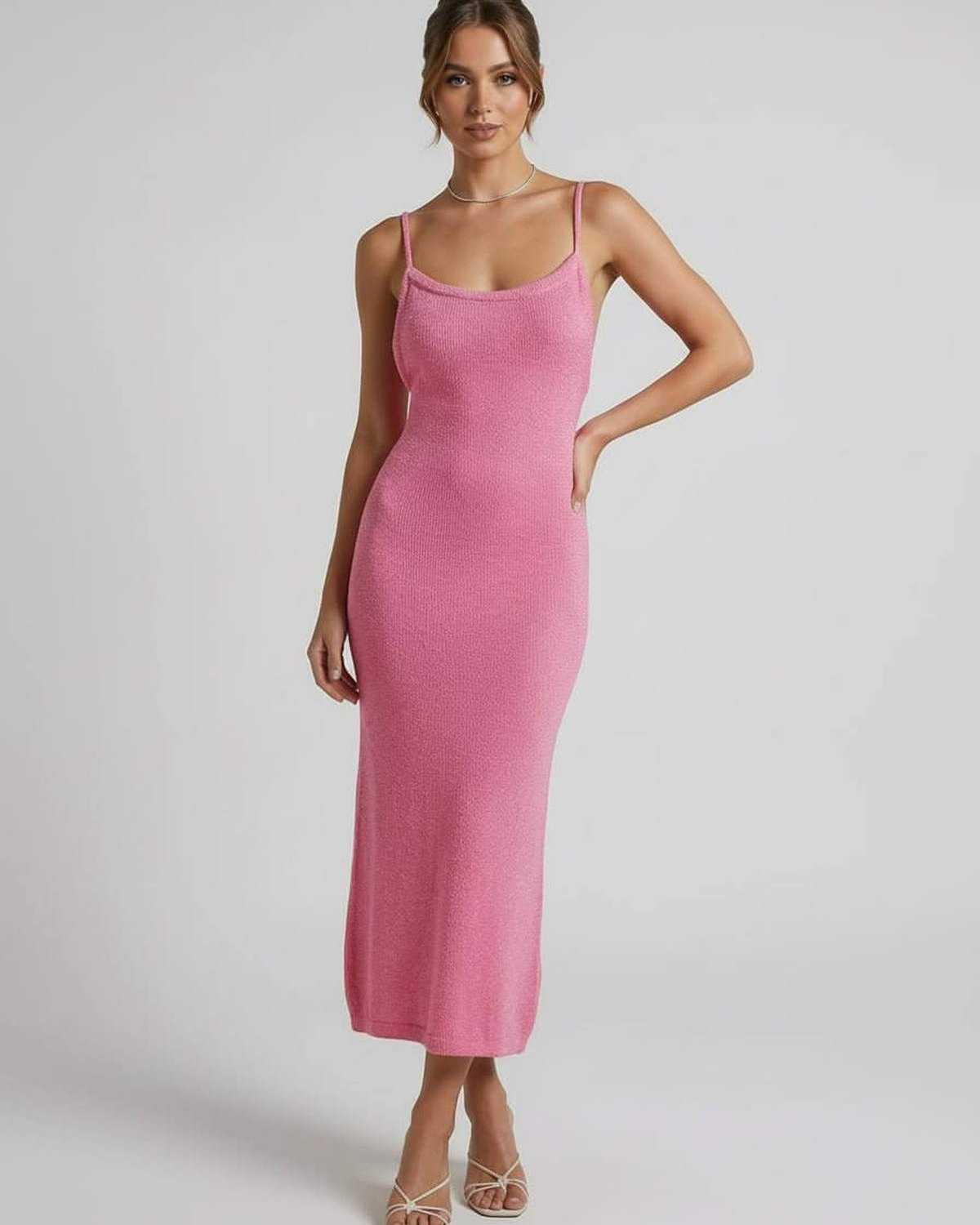 Safi Midi Dress by RAMBLION, pink, cotton fabric, midi-length, perfect for elegant occasions, stylish and comfortable.