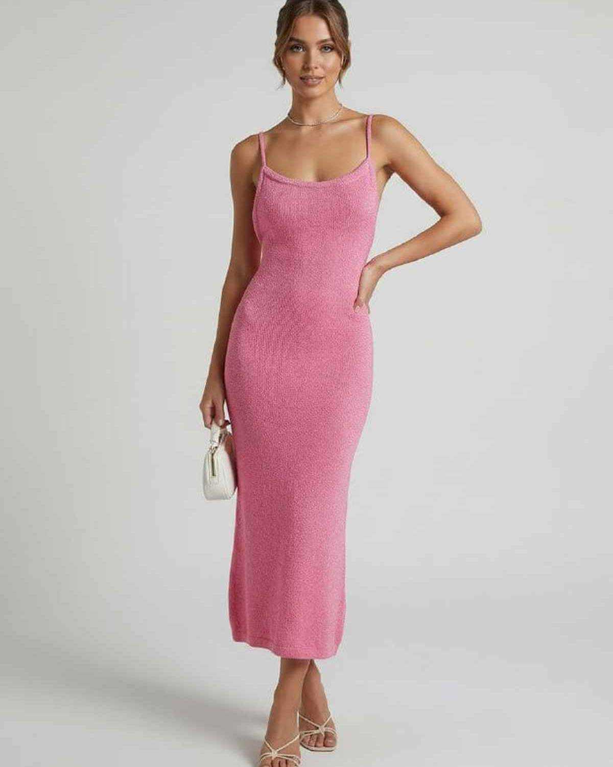Safi Midi Dress by RAMBLION, pink midi-length dress, 100% cotton, perfect for elegant occasions, stylish and comfortable.