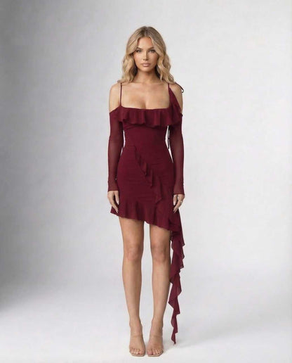 Safi Mini Dress by RAMBLION, burgundy color, elegant design, perfect for evening outings with a comfortable fit.