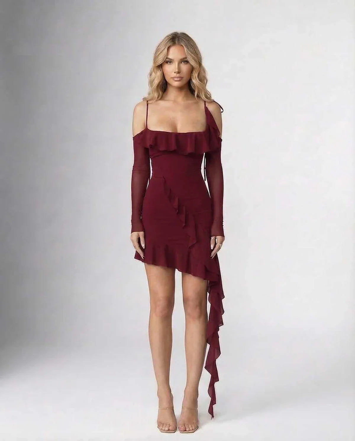 Burgundy Bodycon Halter Sleeveless Mini Dress | Gala Nights & Party Nights, front view | Ramblion | SKU: MMD-982374651-burgundy-L-6902,MMD-982374651-burgundy-M-5929,MMD-982374651-burgundy-S-5185,MMD-982374651-burgundy-XL-6529,MMD-982374651-burgundy-XS-9176