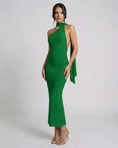 Saga Maxi Dress in green, halter neck design, elegant and modern, perfect for special occasions by RAMBLION.