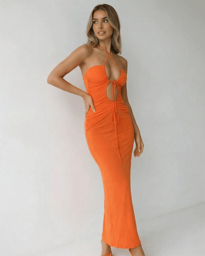 Sage Maxi Dress - Orange ankle-length halter neck, soft cotton blend, perfect for warm evenings, by RAMBLION.