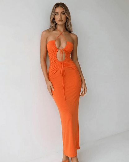 Sage Maxi Dress by RAMBLION, orange ankle-length, halter neck, perfect for warm evenings, stylish and modern.