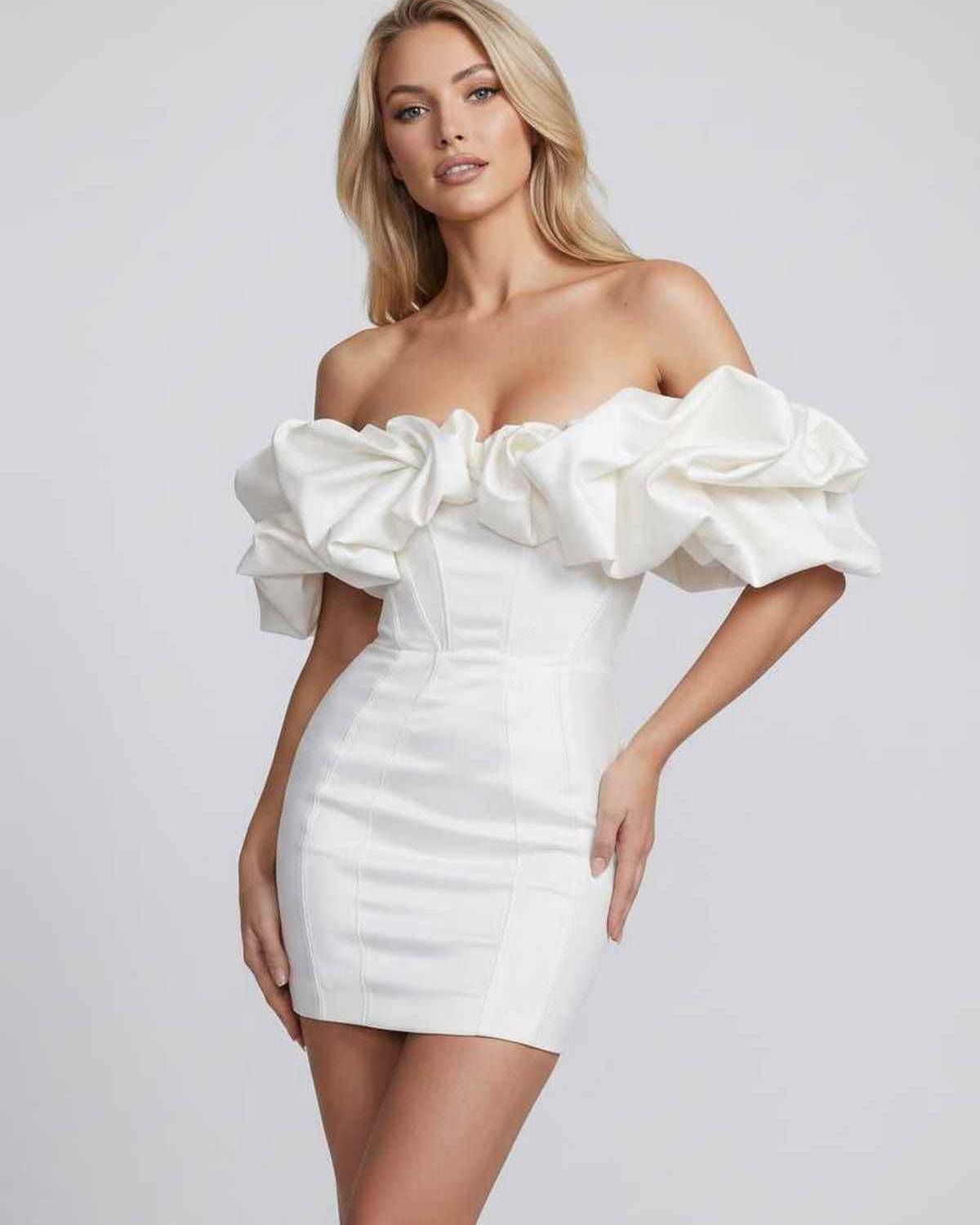 Ramblion Sage mini dress — off-shoulder neckline · back view · styled for prom season