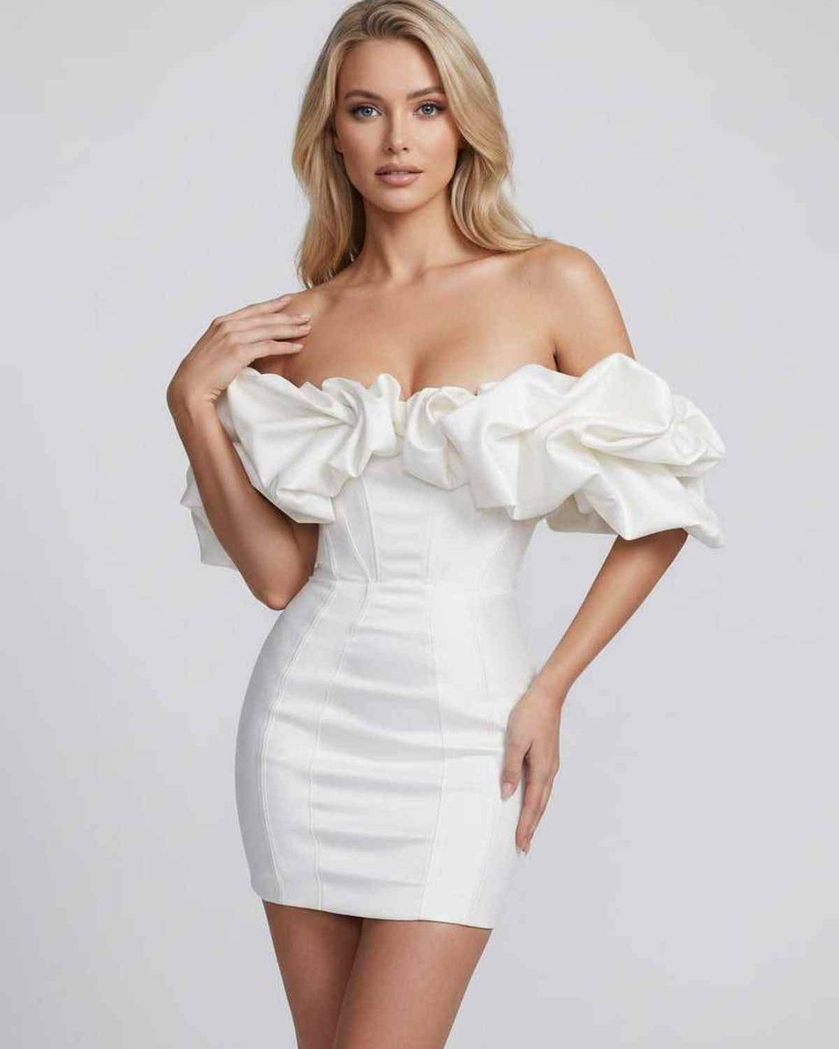 Ramblion Sage mini dress — off-shoulder neckline · lifestyle styling · styled for prom season