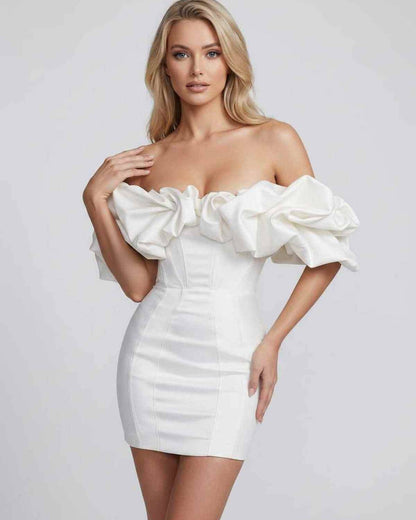 Ramblion Sage mini dress — off-shoulder neckline · lifestyle styling · styled for prom season