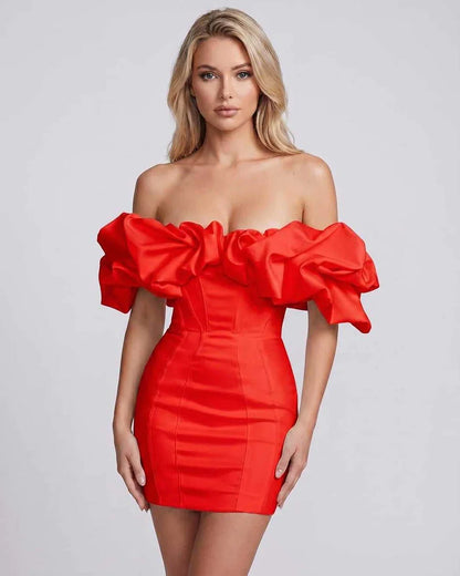 White,black,beige,red Bodycon Asymmetric Mini Dress | Evening Events & Celebrations, front view | Ramblion