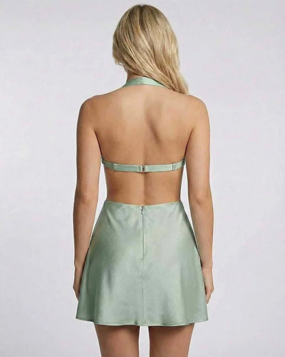 Sage Satin A-line Halter Sleeveless Mini Dress | Formal Events, Party Nights, Everyday Wear & Brunch, back view | Ramblion | SKU: SMD-183746529-sage-L-1961,SMD-183746529-sage-M-9349,SMD-183746529-sage-S-4891,SMD-183746529-sage-XL-6139,SMD-183746529-sage-XS-613