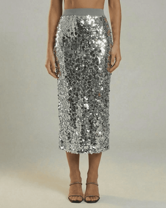 Sagi Midi Skirt by RAMBLION, sequin overlay, grey tone, elegant midi length for modern evening occasions.