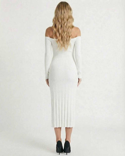Saia Midi Dress, white off-shoulder design, ribbed texture, elegant fit, perfect for special occasions, by RAMBLION.