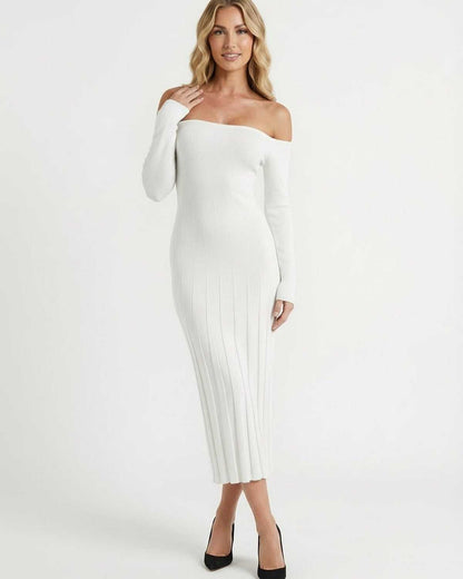 Saia Midi Dress by RAMBLION, white off-shoulder, ribbed texture, elegant for special occasions.