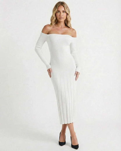 Saia Midi Dress by RAMBLION, off-shoulder, ribbed texture, elegant for special occasions, white midi-length style.