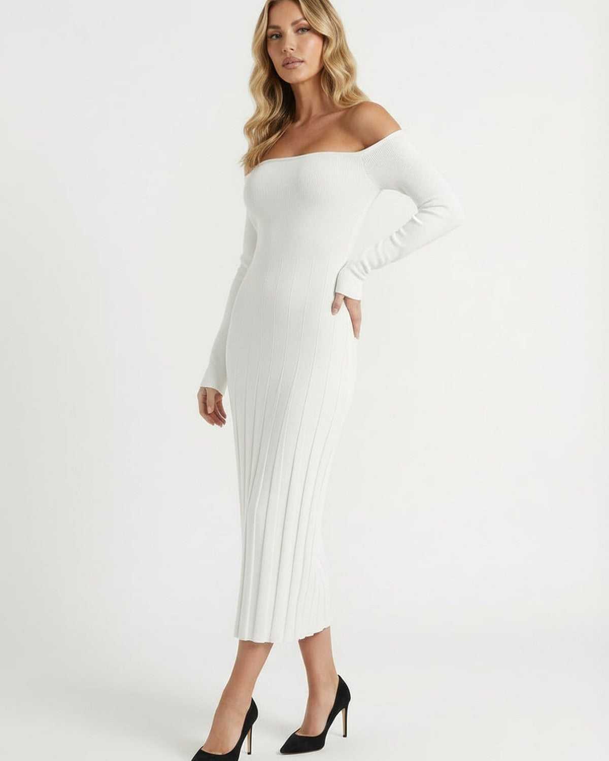 Saia Midi Dress in white, off-shoulder style, ribbed texture for elegance, perfect for sophisticated occasions by RAMBLION.