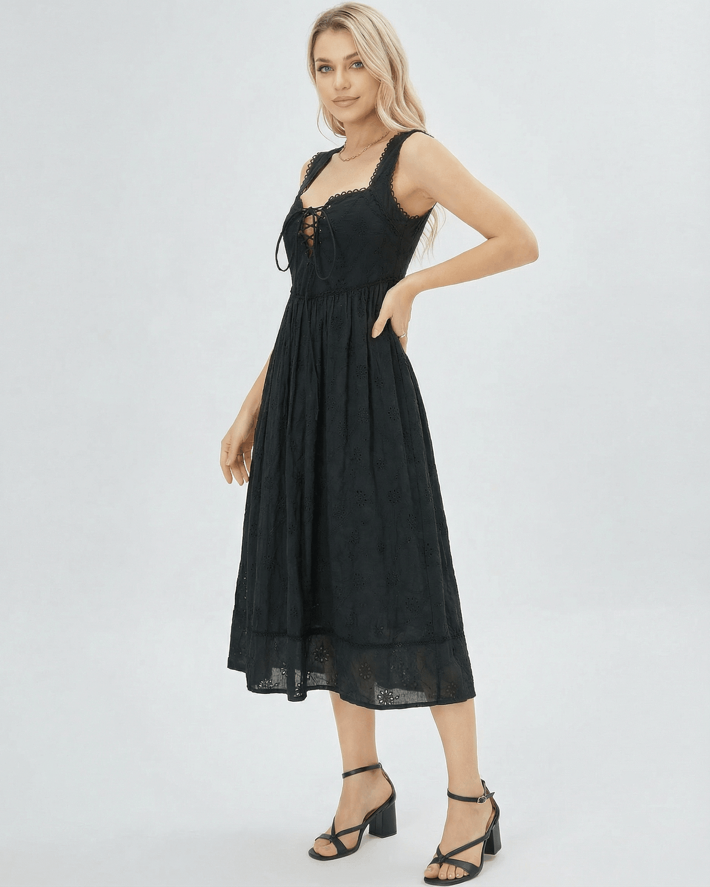 Sala Midi Dress in black, featuring square neck and lace details, perfect for day to night occasions by RAMBLION.