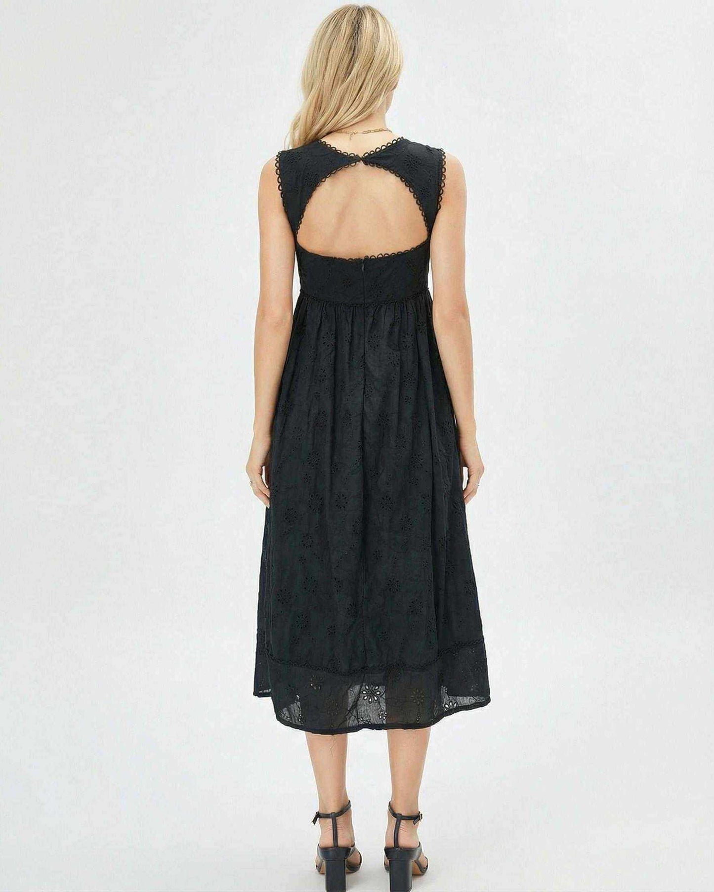 Back view of Sala Midi Dress by RAMBLION, showcasing square neckline, lace details, perfect for day or night occasions.