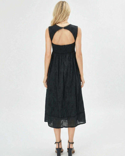 Back view of Sala Midi Dress by RAMBLION, showcasing square neckline, lace details, perfect for day or night occasions.