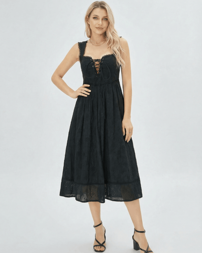 Sala Midi Dress by RAMBLION, black cotton midi dress with square neck and lace details, perfect for day to night wear.