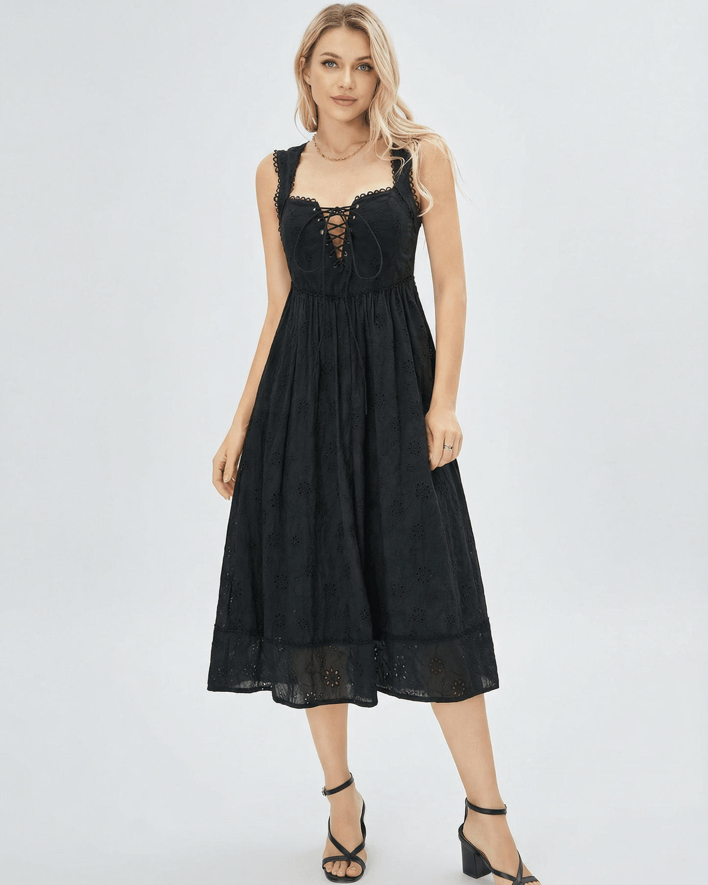 Sala Midi Dress by RAMBLION, black cotton dress with square neck, lace details, perfect for day to night wear.
