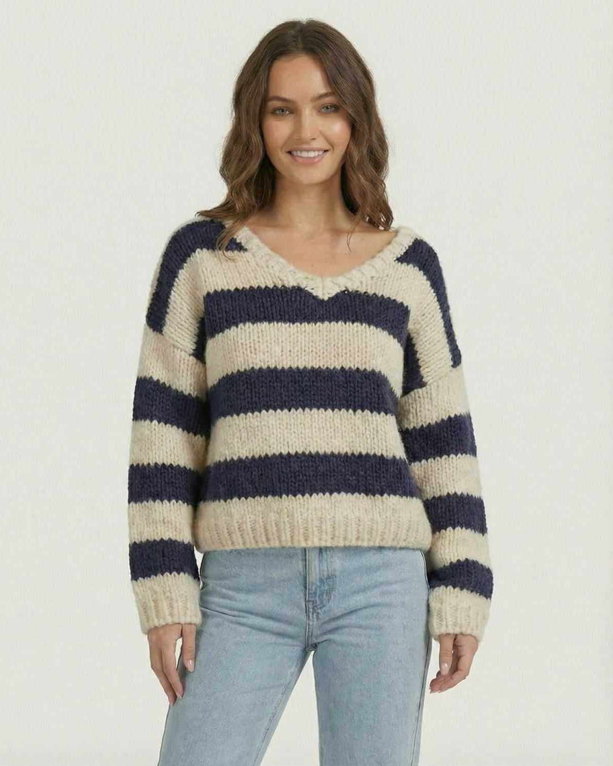 Salina Pullover by RAMBLION, cozy navy and ivory striped women's sweater with V-neck, perfect for casual outings.