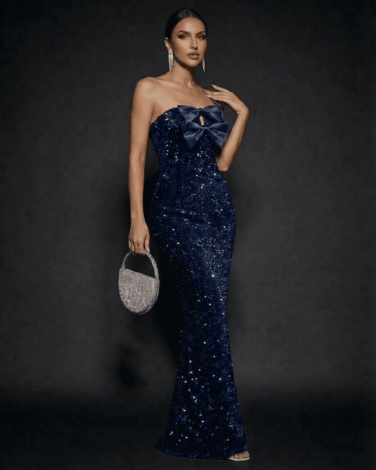 Sapphire Maxi Dress - Strapless Bow Sequin Maxi Party Dress in navy with elegant sequins and a stylish satin bow detail.