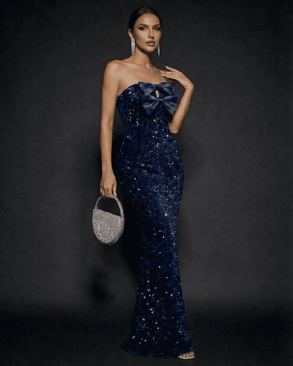 Sapphire Maxi Dress - Strapless Bow Sequin Maxi Party Dress in navy with elegant sequins and a stylish satin bow detail.