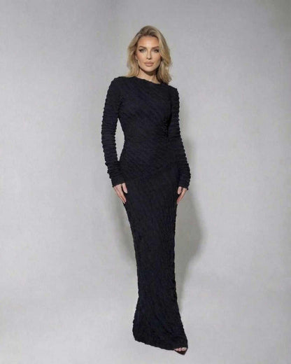 Sara Maxi Dress by RAMBLION, black satin, ankle-length, elegant fit for sophisticated evenings.