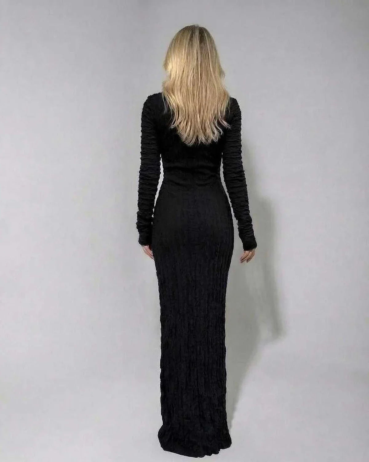 Black Satin Gown Round Neck Long Sleeve Maxi Dress | Prom & Evening Parties, back view | Ramblion | SKU: NMD-374859261-black-L-4838,NMD-374859261-black-M-2021,NMD-374859261-black-S-3745,NMD-374859261-black-XL-1026,NMD-374859261-black-XS-5375