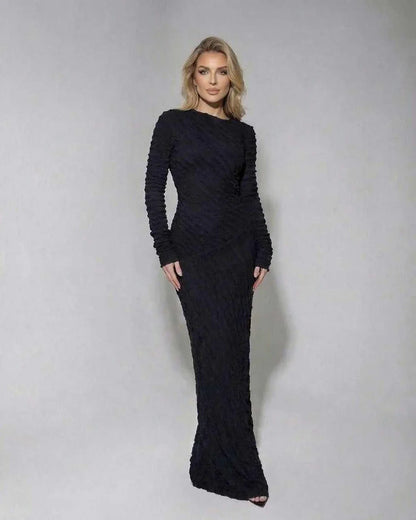 Black Satin Gown Round Neck Long Sleeve Maxi Dress | Prom & Evening Parties, front view | Ramblion | SKU: NMD-374859261-black-L-4838,NMD-374859261-black-M-2021,NMD-374859261-black-S-3745,NMD-374859261-black-XL-1026,NMD-374859261-black-XS-5375