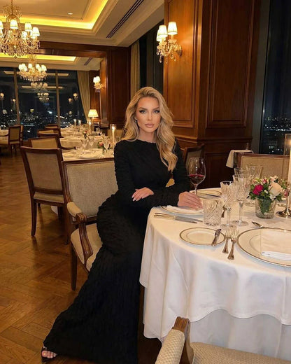 Black Satin Gown Round Neck Long Sleeve Maxi Dress | Prom & Evening Parties, lifestyle shot | Ramblion | SKU: NMD-374859261-black-L-4838,NMD-374859261-black-M-2021,NMD-374859261-black-S-3745,NMD-374859261-black-XL-1026,NMD-374859261-black-XS-5375