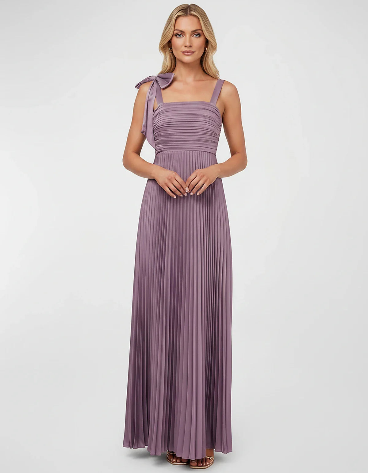 Satin-Feel Sleeveless Square Neck Empire Waist Pleated Maxi Dress for Party, Cocktail, Evening, Wedding Guest & Summer Events | SKU: VMD-583741920684157-LILAC-L,VMD-583741920684157-LILAC-M,VMD-583741920684157-LILAC-S,VMD-583741920684157-LILAC-XL,VMD-583741920684157-LILAC-XS