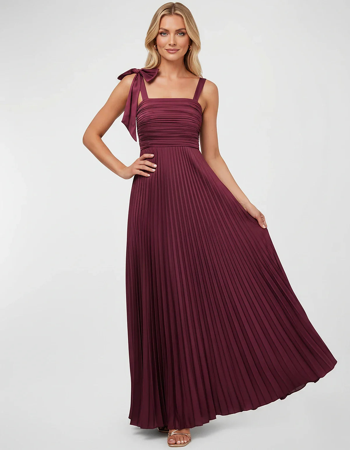 Satin-Feel Sleeveless Square Neck Empire Waist Pleated Maxi Dress for Party, Cocktail, Evening, Wedding Guest & Summer Events | SKU: VMD-583741920684157-MAGENTA-L,VMD-583741920684157-MAGENTA-M,VMD-583741920684157-MAGENTA-S,VMD-583741920684157-MAGENTA-XL,VMD-583741920684157-MAGENTA-XS