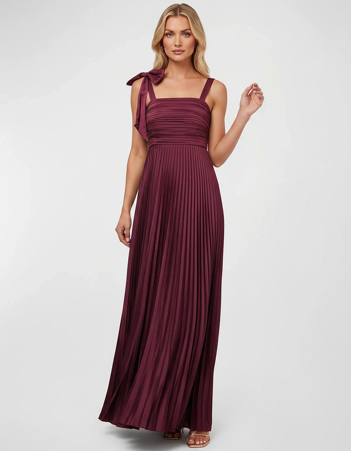 Satin-Feel Sleeveless Square Neck Empire Waist Pleated Maxi Dress for Party, Cocktail, Evening, Wedding Guest & Summer Events | SKU: VMD-583741920684157-MAGENTA-L,VMD-583741920684157-MAGENTA-M,VMD-583741920684157-MAGENTA-S,VMD-583741920684157-MAGENTA-XL,VMD-583741920684157-MAGENTA-XS
