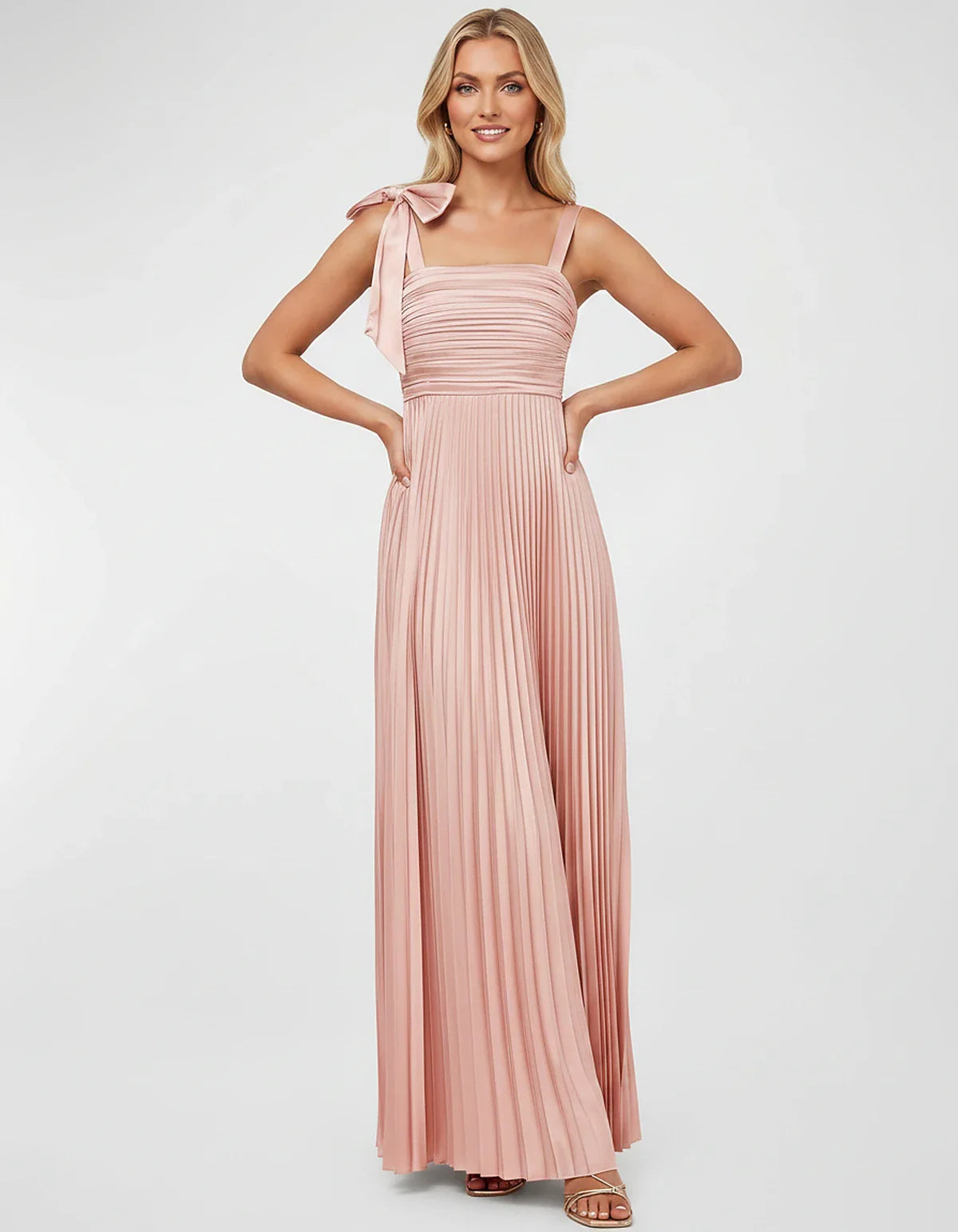 Satin-Feel Sleeveless Square Neck Empire Waist Pleated Maxi Dress for Party, Cocktail, Evening, Wedding Guest & Summer Events | SKU: VMD-583741920684157-BLUSH-L,VMD-583741920684157-BLUSH-M,VMD-583741920684157-BLUSH-S,VMD-583741920684157-BLUSH-XL,VMD-583741920684157-BLUSH-XS